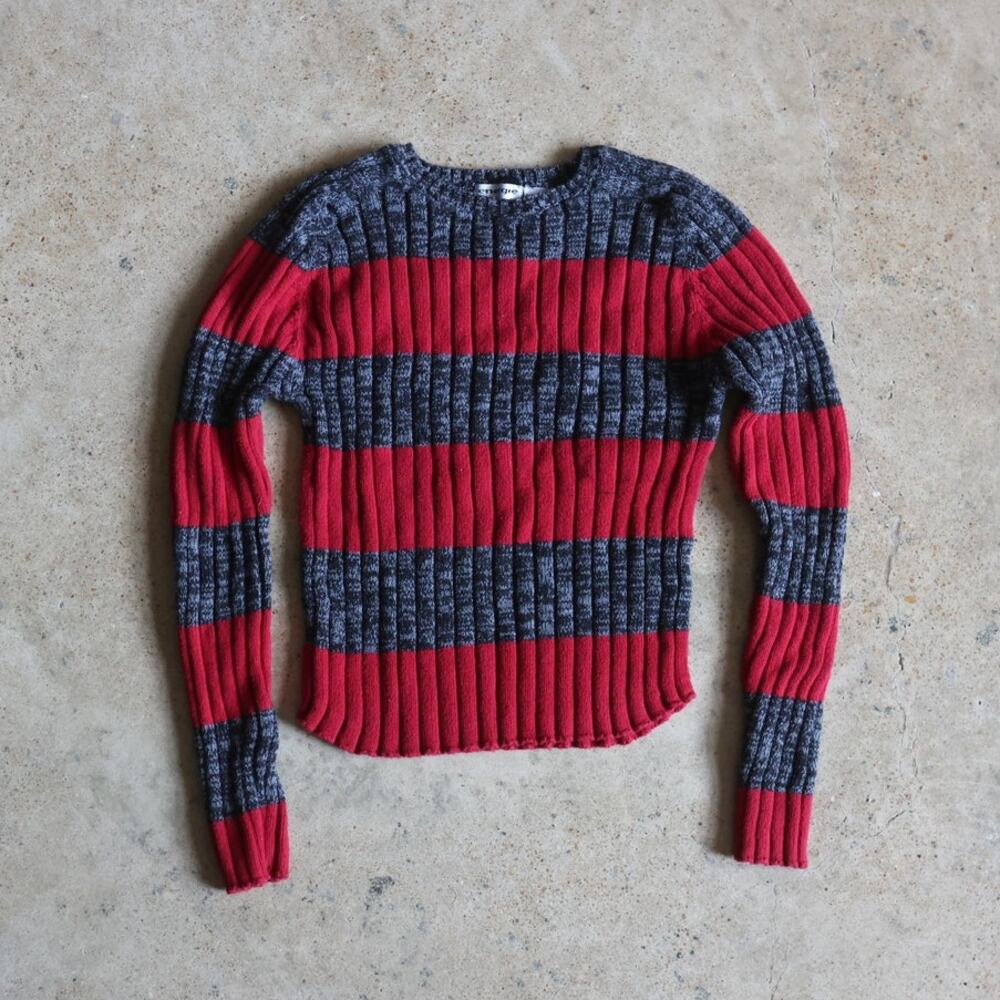 Vintage Y2K Energie Ribbed Stripe Sweater Red Gray Chunky Knit Size Medium